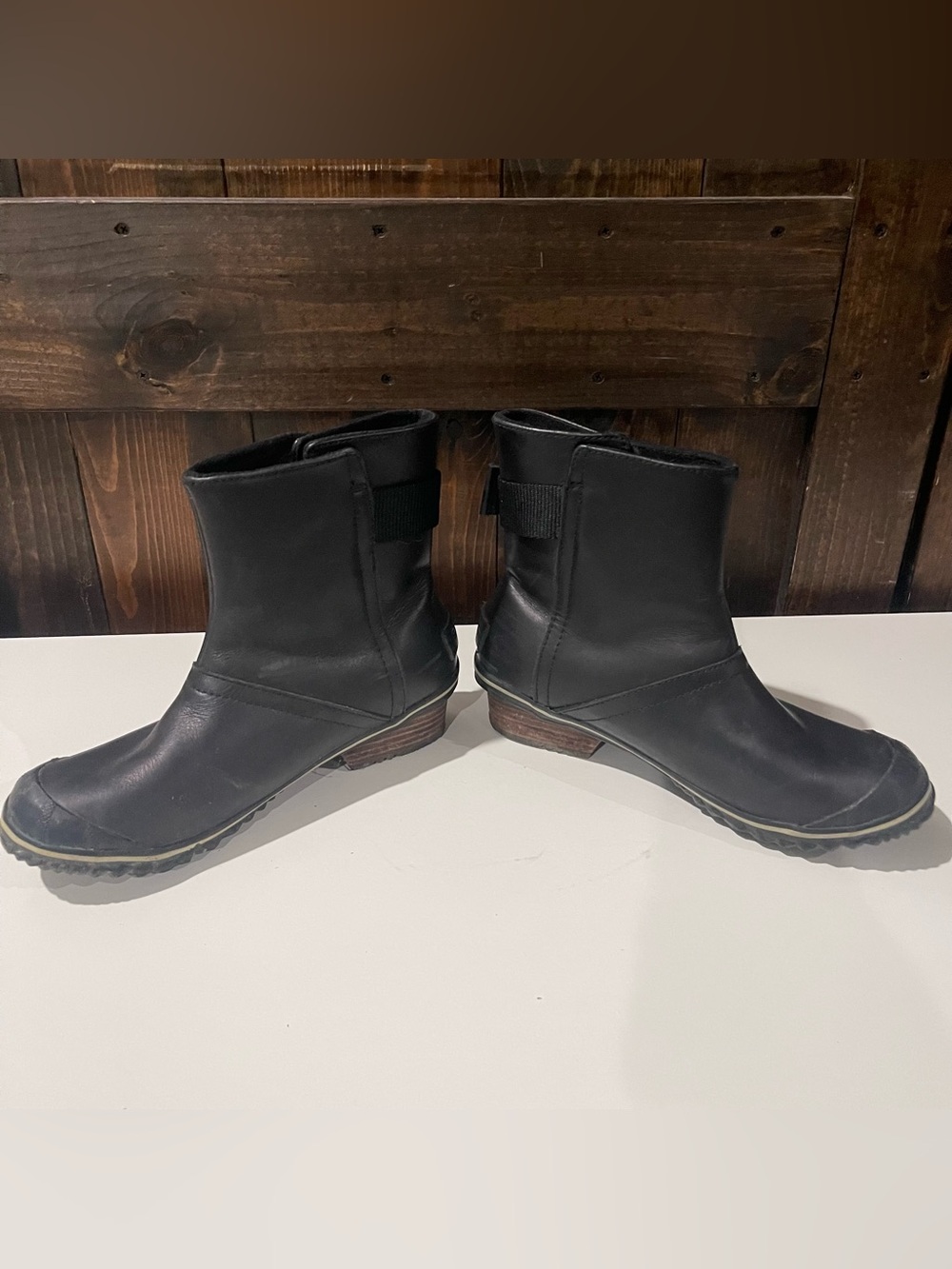 Sorel Womens 8.5 Black Slimboot Leather Pull On Rain Boots Waterproof Granola - Picture 8 of 11